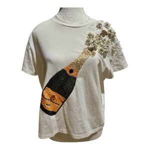Queen of Sparkles Embellished Champagne Bottle Short Sleeve White Tee